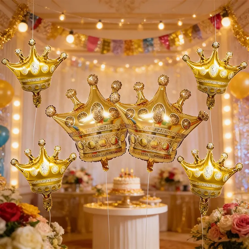 7pcs Set, Includes 2 Large Shiny Golden Crown Foil Balloons, 4 Mini Crown Balloons, 1 Roll of Ribbon, Perfect Party Decoration, Birthday Decorations, Suitable for Weddings, Valentine'S Day, Birthdays, Anniversaries, Proposals, Party Balloons