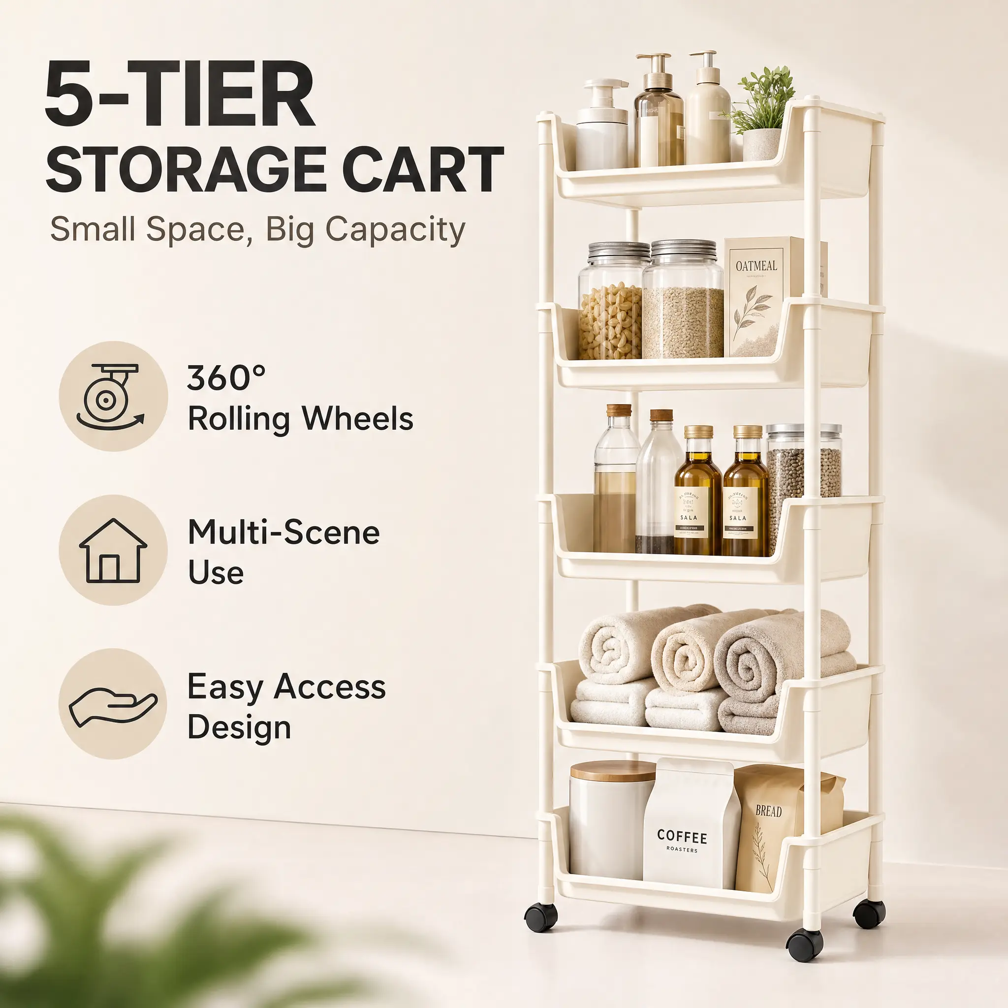 PeaWove 48 Inch Vertical Storage Organizer Cart - 5-Tier Mobile Pantry Cart with Easy Access Front Opening for Small Spaces