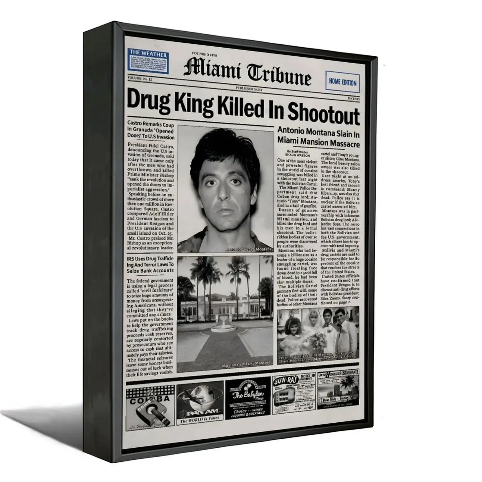 Scarface Newspaper Poster Print Game Poster Canvas Wall Art Collectible Gift for Movie Enthusiasts Suitable for Bedroom Living Room Game Room Decor