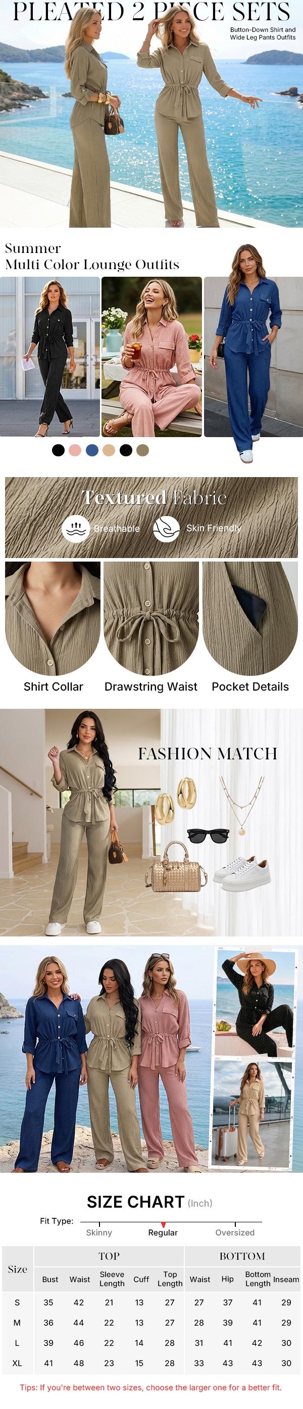ChicMe Women's 2 Piece Outfit Vintage Textured for Women Turn-down Collar Button Down Drawstring Waist Top & Elastic Waist Wide Leg Pants Set for Commuting, Travel, or Date Night
