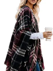 Wine Red Women's Shawl Wrap Poncho - Open Front Boho Buffalo Cardigan with Oversized Plaid Cape, Knitted Sweater with Tassel Detail - Fall Fashion Travel Blanket