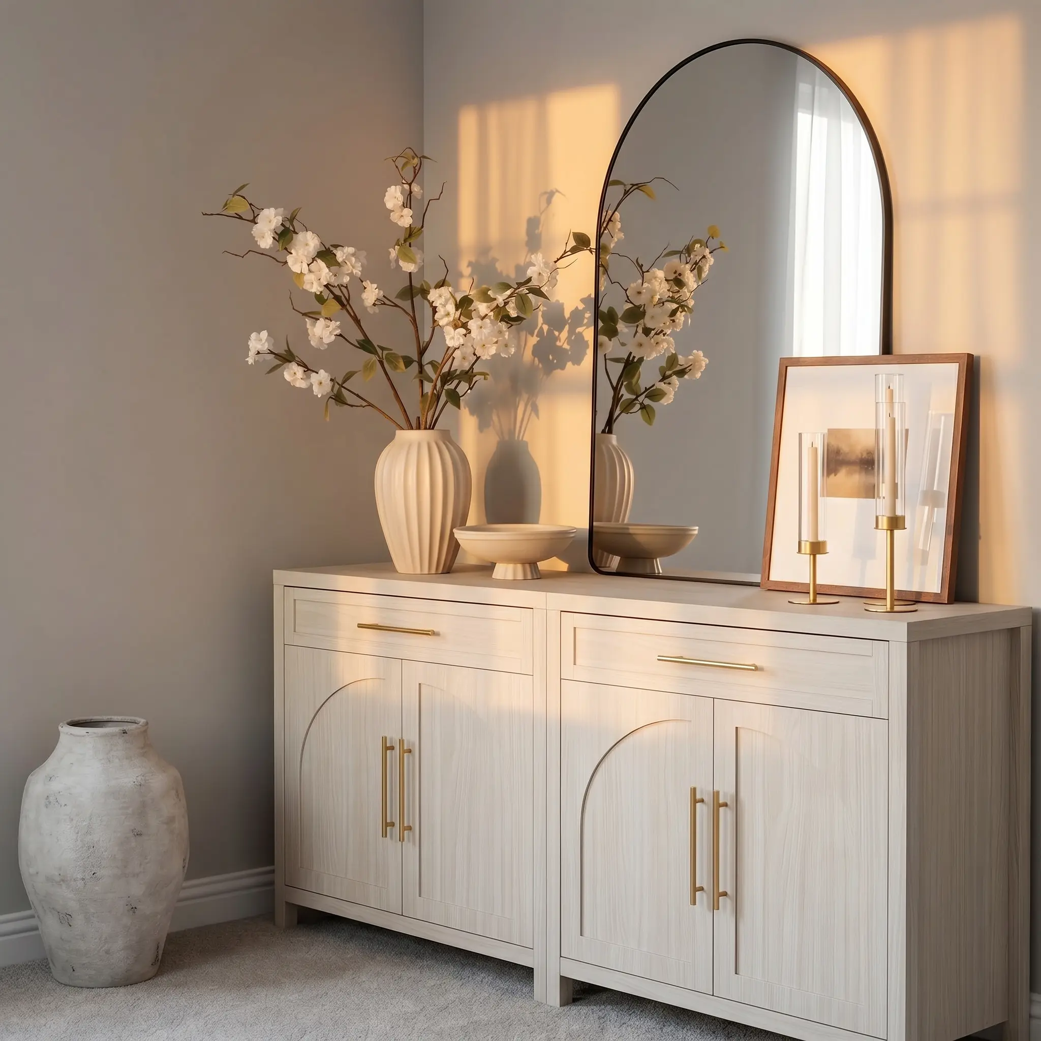 ABCASA Freestanding 2-Door Cupboard Furniture, 31.5" Mid-Century Modern Credenza Cabinet with Adjustable Shelves, Arched Natural Wood Texture, Sturdy Small Buffet for Kitchen, Dining Room Indoor Furniture, Cabinet Dining Room Furniture tiktokshopbacktosch