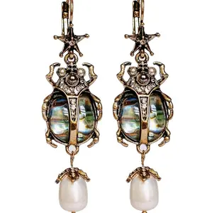 Earrings Beetle Bug Scarab Vintage Halloween Whimsical Jewelry Drop Dangle Earrings for Women with Unique Beetle Design and Abalone Shell Pendant Gift Egyptian Statement Pieces Halloween