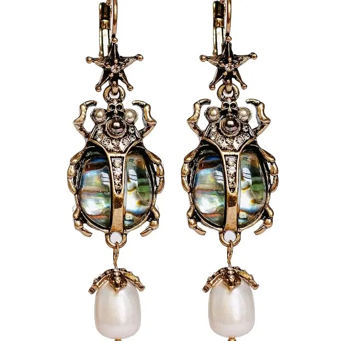 Earrings Beetle Bug Scarab Vintage Halloween Whimsical Jewelry Drop Dangle Earrings for Women with Unique Beetle Design and Abalone Shell Pendant Gift Egyptian Statement Pieces Halloween