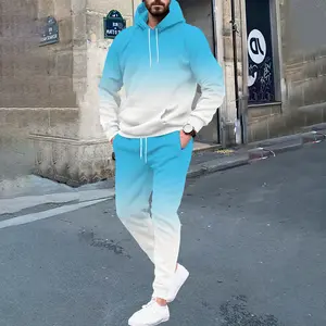 Autumn and winter new 2-piece men's casual sports suit, hooded sweatshirt paired with casual pants, overall blue and white gradient design, trendy and versatile, suitable for daily and casual wear
