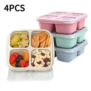 4PCS,Reusable Wheat Straw Snack Box Set, 4 Compartment Lunch Containers, Bento Boxes for Kids & Adults, Reusable Food Storage Boxes for Snacks & Meals