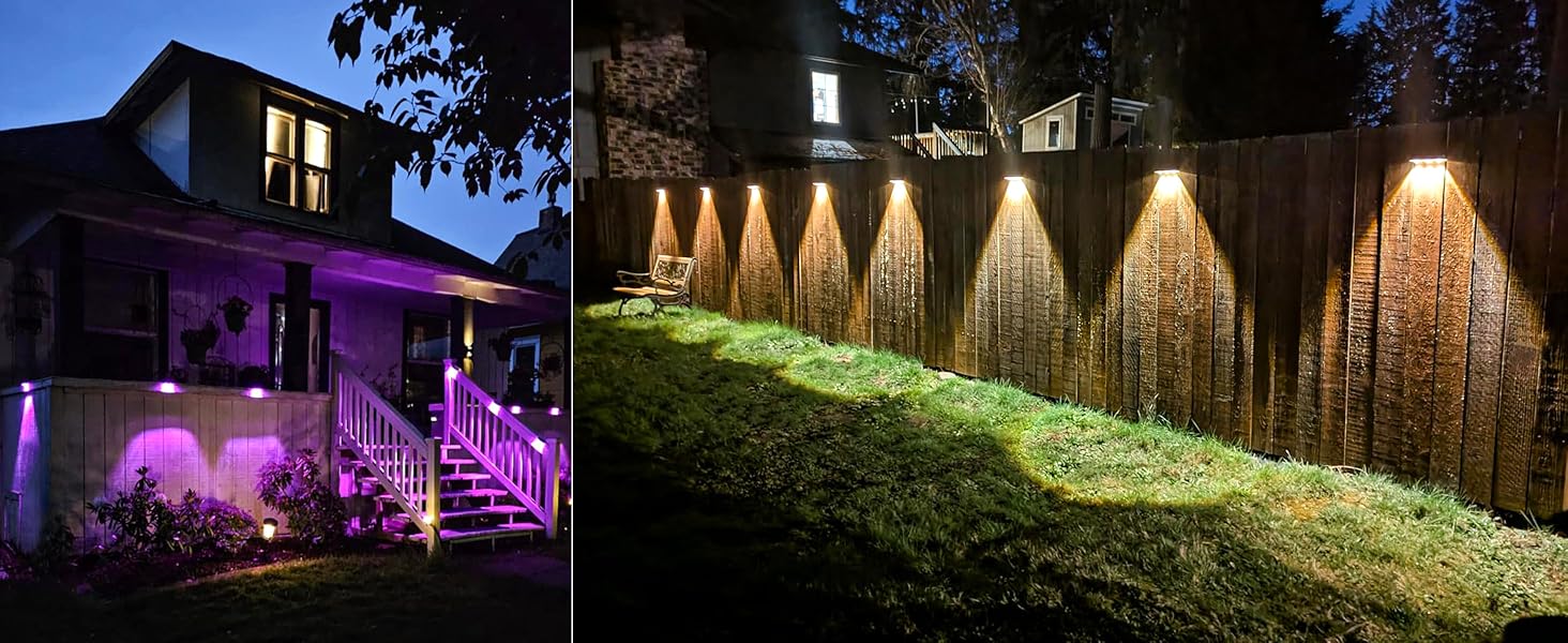 Solar Fence Lights Outdoor 8 Pack, Warm White & RGB 9 Color Changing, Waterproof LED Solar Lights for Fence Post Deck Railing Patio Backyard Garden Decor Solar Fence Lights Outdoor 8 Pack, Warm White & RGB 9 Color Changing, Waterproof LED Solar Lights for Fence Post Deck Railing Patio Backyard Garden Decor