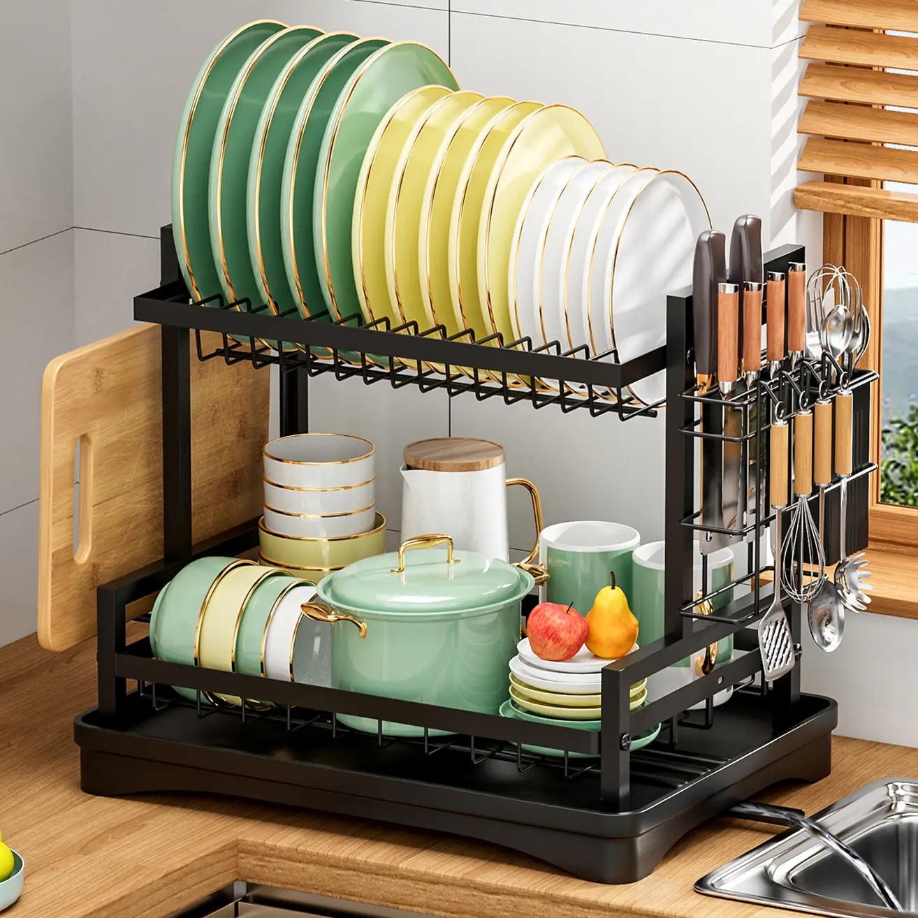 San Dream 2-Tier Dish Drying Rack Ktichen Dishes Drain Rack Multifunctional Dish Rack Large Capacity Space Saving Metal Storage Organizer Drainboard