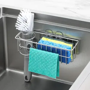 3-In-1 Sponge Holder for Kitchen Sink with Suction Cups & Adhesive Hook, Wall Hanging Design, Durable 304 Stainless Steel, Versatile Kitchen Organizer