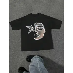 Men's Figure & Star Print Drop Shoulder Tee, Regular Fit Street Fashion Short Sleeve Round Neck T-shirt, Soft Breathable Fabric, Trendy Casual Style for Daily Wear, Lightweight and Comfortable Summer Essential for Men