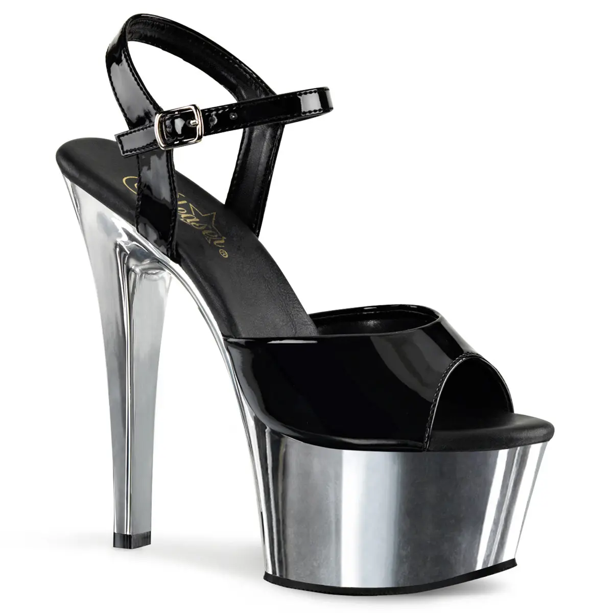Pleaser Women's Aspire-609 Stylish Leather Platform High-Heel Sandals - Black-Silver Chrome, Ankle Strap, 2.25" Platform, 6" Heel Height, Comfortable Statement Shoes, All Seasons Women's Footwear, Platform Heels