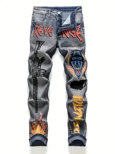 Men’s straight-leg jeans with Y2K graffiti print, European & American fashion trend