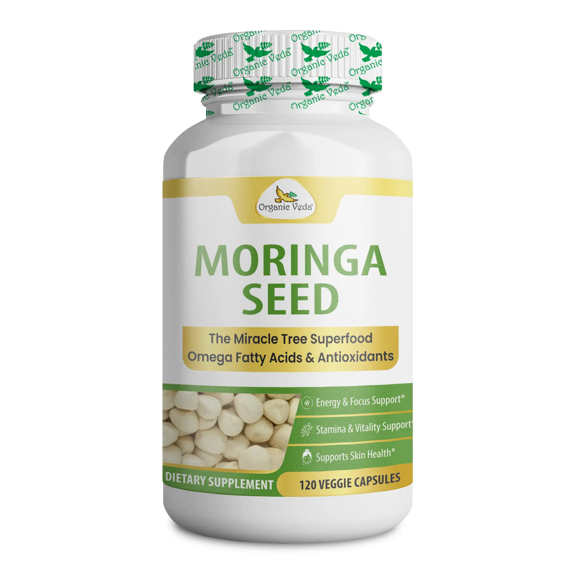 Organic Veda Moringa Seeds Capsules - Omega 3, 6, 9, Powerful Antioxidants, Vitamins, Amino Protein Rich Organic Moringa Seeds for Eating - Moringa Seed Powder Energy & Vitality, 120 Vegan Capsule