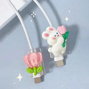 Cute Rabbit & Flower Cable Protector for iPhone & Android, Cartoon Charging Cable Saver Anti-Break Protection Cover, Durable Data Cord Protector for Phone Charger, Travel & Daily Use Accessories outdoorfun