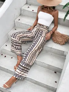 Women's Fashion Long Pants, Waist Buckle Belted Print Casual Trousers, Loose-Fitting Wide-Leg Pants, Regular Fit, Stylish and Comfortable