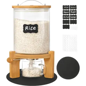 3L 5-7 lbs Glass Rice Dispenser with Airtight Bamboo Lid & Wooden Stand, Food Storage Container for Flour Cereal with Measuring Cup Labels Slider Mat for Pantry Organization