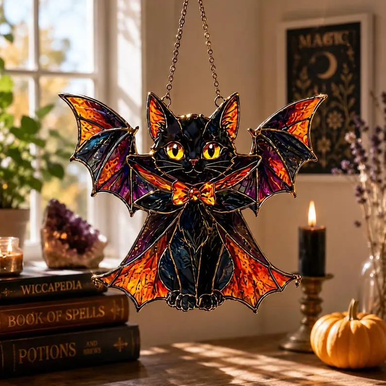 Halloween Bat Cat Suncatcher, Black Cat Window Hanging, Stained Glass Style Cat Bat Decor, Spooky Fall Home Gift