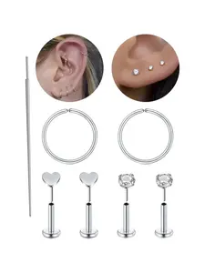 Stainless Steel Cartilage Earrings, Threader Earrings, Cute Flat Back Push Pin Studs for Tragus/Helix/Conch, Dainty Threadless Jewelry for Women & Girls