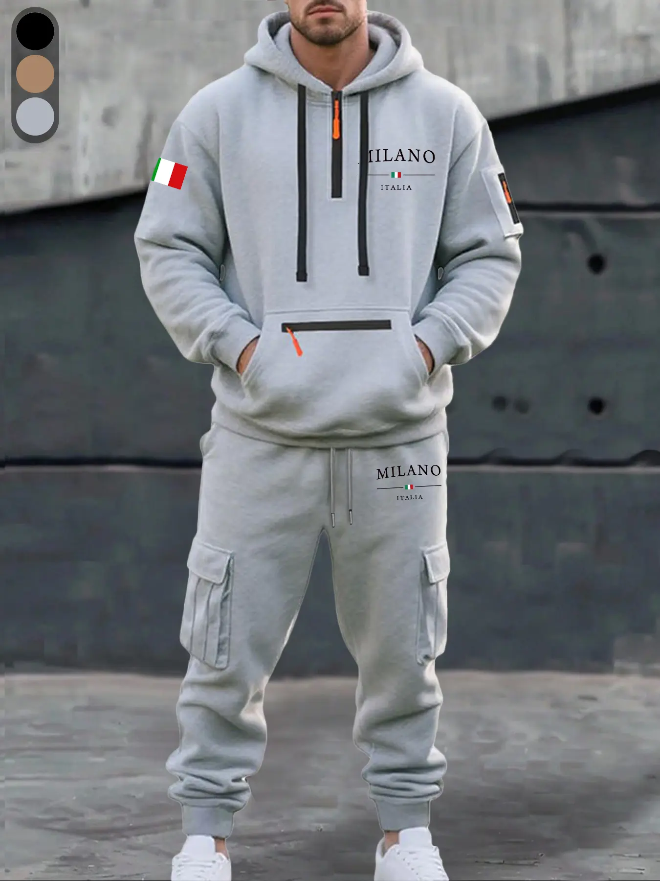 Men's Casual Fashion Milano Letter Print Hoodie Set, Half-Zip Pocket Design Sweatshirt & Cargo Pants, Fall Winter Streetwear