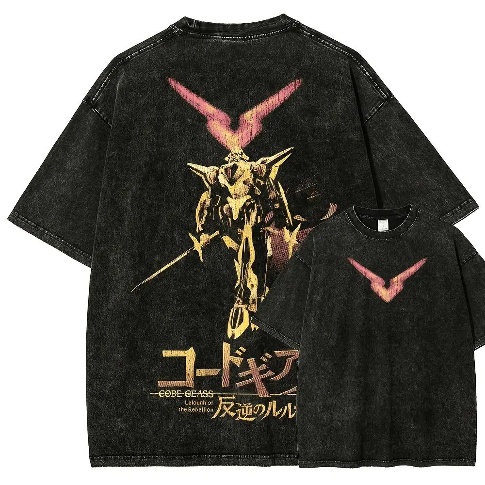 Men's Code Geass Vintage Casual Round Neck Short-Sleeve Distressed Washed Unisex Fit Streetwear T-Shirt - Menswear Casual T-Shirts, Father's Day Gift Tops