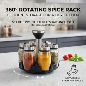 360 Rotating Spice Rack with 6 Glass Jars, Revolving Countertop Organizer for Spices & Seasonings, Easy Access from Any Angle