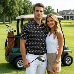 Black Golf Polo for Men – Playful Golf Cart Print, Breathable Short Sleeve