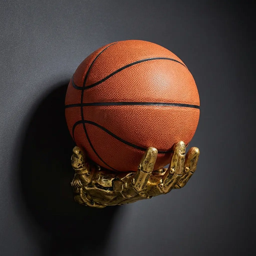Hand-Shaped Basketball Wall Mount Holder - Durable 1-Layer Resin Sports Ball Display Rack (5-10 Kg Capacity), Antique Gold & Silver Home Decor Art Piece, Man Cave Gadgets for Desk & Balcony