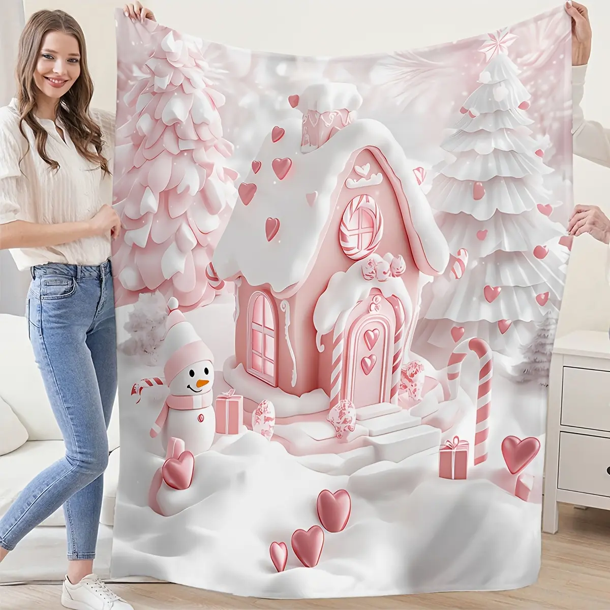 Christmas Pink Gingerbread House Decorative Blanket - Soft Throws with Cartoon Snowman & Tree Digital Prints, Machine Washable All-Season Comfy Blankets for Bed, Couch, Xmas Gifts
