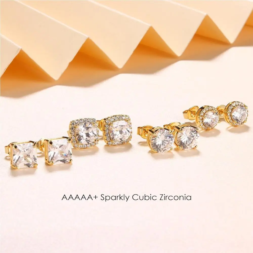 Unisex 4-Pair Hypoallergenic Stud Earrings Set with Sterling Silver Posts - Assorted Round & Square Cut Shapes Artificial Diamond Earrings, Gold & Silver Tone, Halo Sparkle, Cartilage Everyday Wear, Perfect Plat Day Gift, Cut Shapes Earrings party festiva