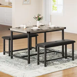 Kitchen Table and Benches, 3 Piece Dining Table Set for 4, Rectangular Dining Room Table Set with 2 Upholstered Benches, Kitchen Table Set for Small Space, Apartment, Studio, Rustic Gray