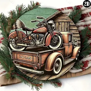 1pc Vintage Indian Motorcycle & Pickup Truck Round Metal Sign (8x8 Inch) - Durable Aluminum Wall Art, Ideal Gift for Home