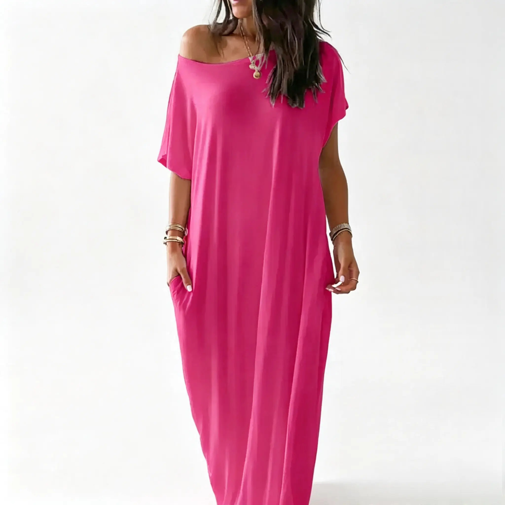 Women's Basic Solid Color Loose Batwing Sleeve Loungewear Dress, Casual Comfy Short Sleeve Nightdress for Daily Wear, Ladies Sleepwear for All Seasons