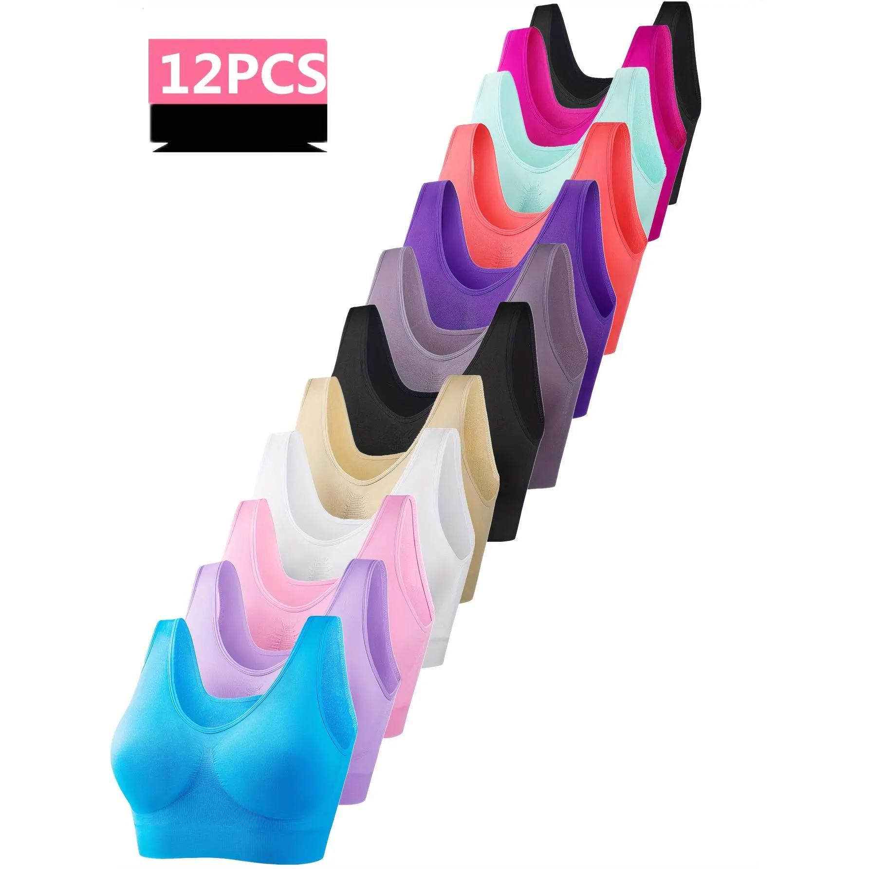New12-Pack Women'S Sports Bralette Set - Nylon, Solid Color, Medium Support, No-Wire, No-Cup, Knit Fabric, Adult - Ideal for Running, Yoga, Exercise