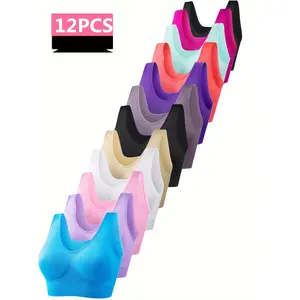 12-Pack Women'S Sports Bralette Set - Nylon, Solid Color, Medium Support, No-Wire, No-Cup, Knit Fabric, Adult - Ideal for Running, Yoga, Exercise plus size flat tummy