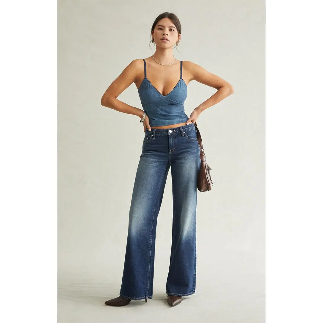 Pacsun Women's Casey Low Rise Baggy Jeans Rhinestone Dark Blue