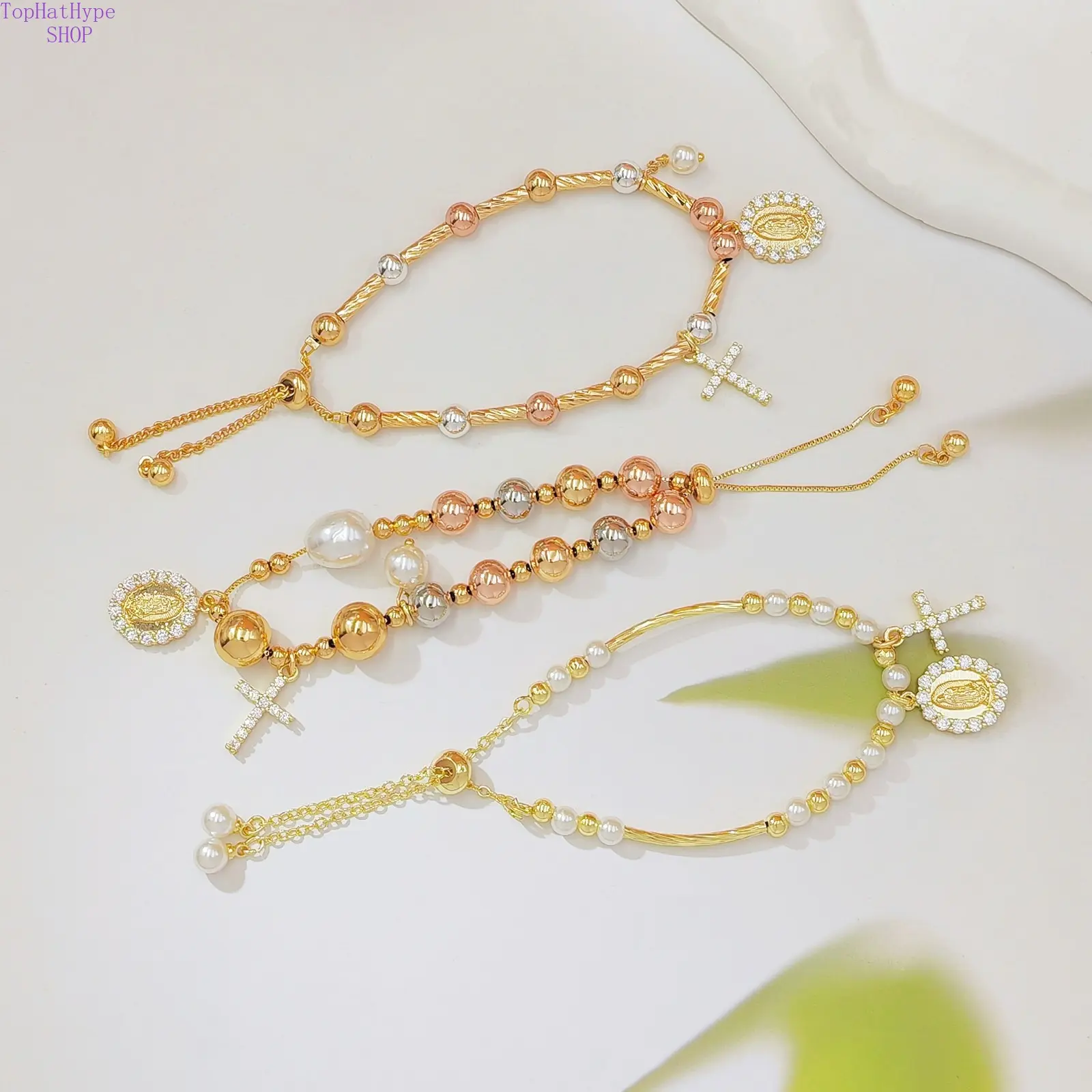 Women's Dainty Hypoallergenic Pearl Beaded Religious Bracelet Set, Gold-Plated Cross & Sacred Heart Charm Bracelets, Catholic Jewelry for Holiday & Birthday Gifts, Bracelets For Women