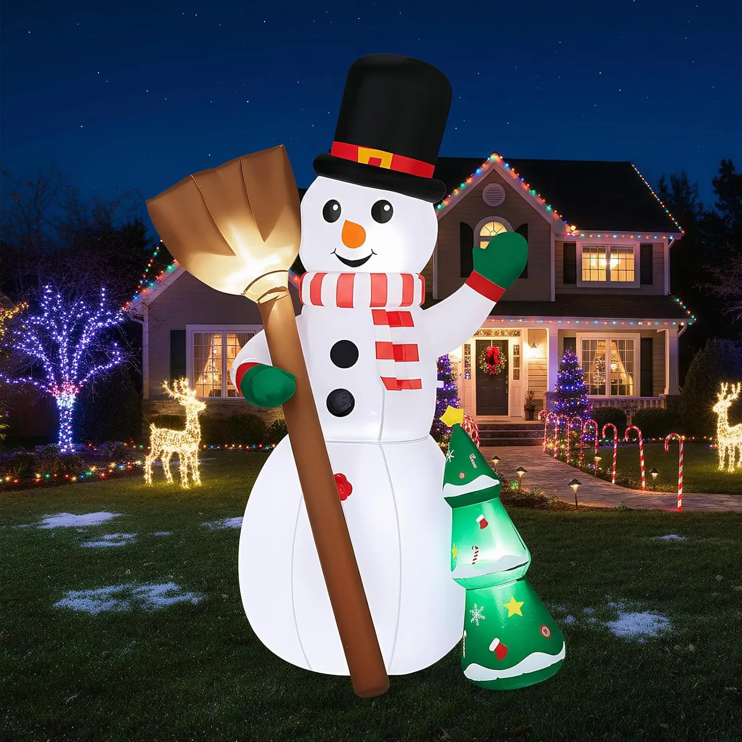 6.2FT Christmas Inflatables, Snowman with Broom Christmas T Inflatable Yard Decoration LED Lights Built in Blower Stakes & Tethers