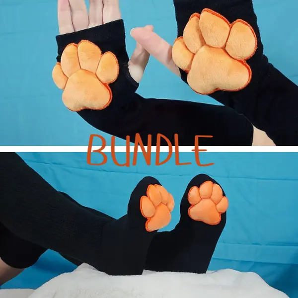 Black Thigh High Cat Paw Socks & Glove Set– Orange Plush Paw Pads