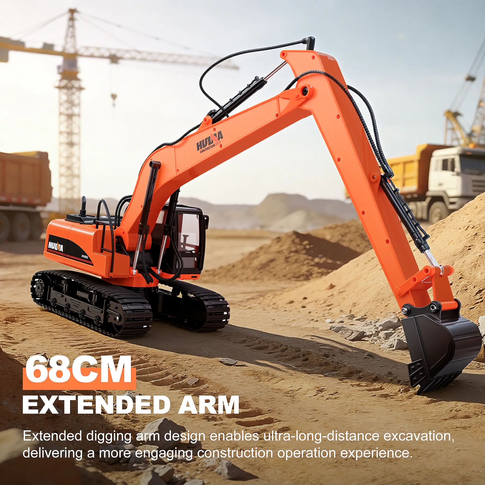Huina 1551 Rechargeable RC Controlled Excavator Toy for 12+ Years - 1:14 Scale, 15 Independent Channels, 2.4 GHz, 7.2 V, Alloy Metal Body, 360° Rotating Chassis, 20-Minute Playtime, Realistic Electric Transportation Construction Vehicle