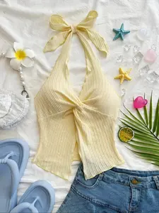 Fashion Sexy Halter Tie Back Criss Cross Cut Out Strap Tank Top, Casual Sleeveless Backless Tie Up, Fitted Summer Casual Style, Moderate Fabric Thickness