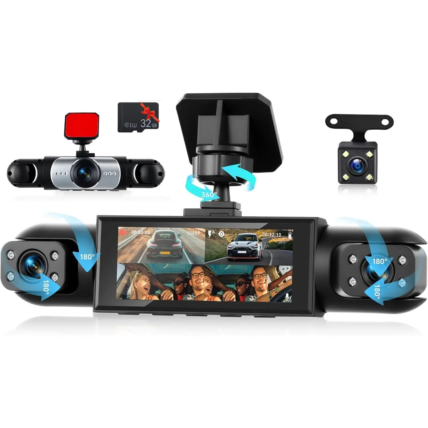 Rimoody 4-Channel 360° Dashcam with Front, Rear, Inside, Left-Right Lenses, 3.16in Display, 24/7 Parking Mode, Detection, Reversing Monitor, Micro SD Compatible Car Safety Accessory