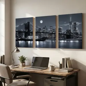 High-Quality Canvas Print Set, Framed Wall Art, Decorative, Modern Style, Fashionable Triptych, New York City Night Scene, Home Decor