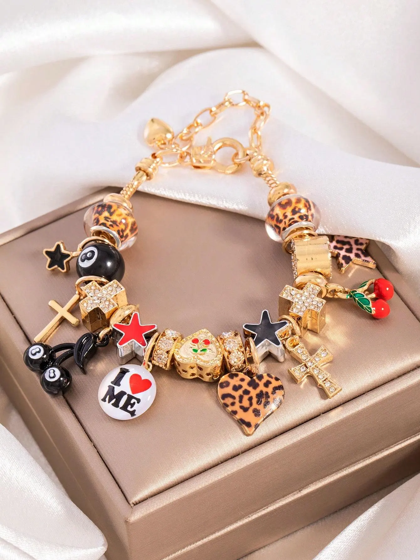 Women's Chunky Gold Charm Bracelets - Heart, Dangle, Cherry, Leopard, 8-Ball Charms, Y2K Aesthetic Link Chain, Sister Gift, Party & Daily Wear Costume Jewelry Accessory, Bracelets For Women