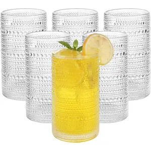 Hobnail Drinking Glasses Set of 6, 16 oz Large Capacity Embossed Clear Tumblers, Highball Glasses for Water, , , , Kitchen & Bar Use