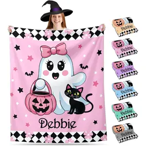 Personalized Halloween Blanket with Name - Cute Pink Ghost & Pumpkin Design Cozy Flannel Throw for Boys Girls