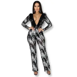 Plume Feather Black Silver Sequins Jumpsuit