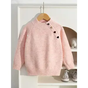 Girls' Cozy Knit Sweater - Long Sleeve Crew Neck, Geometric Pattern, Button Detail, Casual Pullover for Fall/Winter, Light Gray, Perfect for Casual Attire, Sweater Dress for Girls(Gift)11