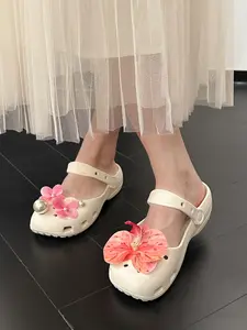 Women's Butterfly Orchid Bouquet Decorative Non-Slip Thick Sole Holey Shoes, Fresh Style Daily Commute Summer Soft Sole Beach Shoes