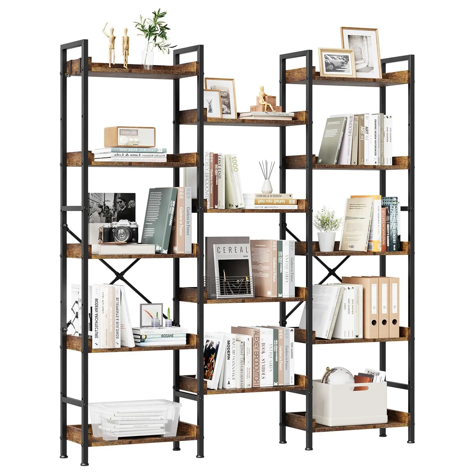 Garvee Triple 5 Tier Wooden Bookshelf with 14 Open Display Shelves and Sturdy Metal Frame, Wide Storage Rack for Living Room, Bedroom, Home Office in Rustic Brown Finish
