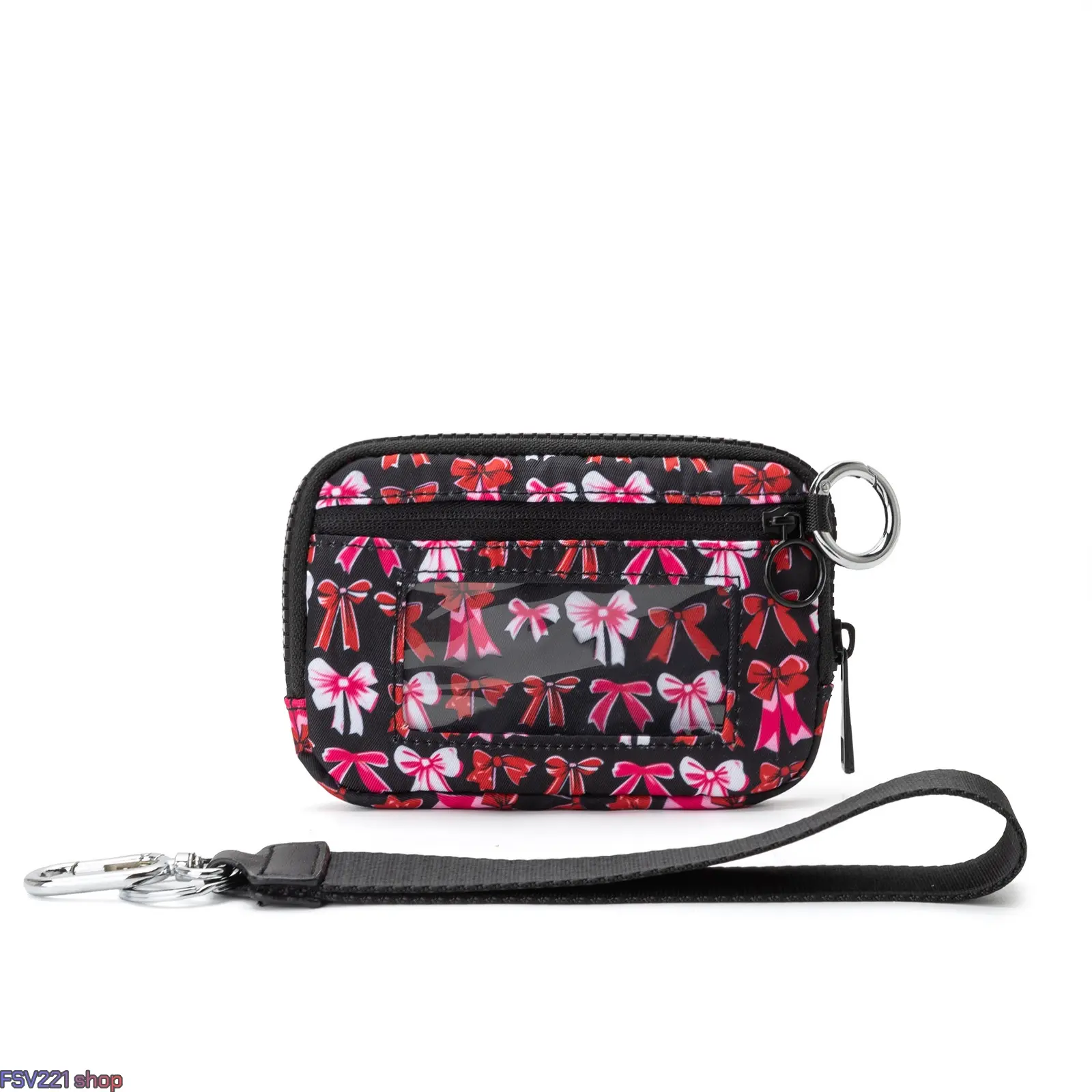 Coquette Style Bow Print Wristlet Wallet, Mini RFID Blocking Pouch for Women with ID Window and Removable Strap, Keychain Wristlet Wallet, Removable Wristlet campingessentials
